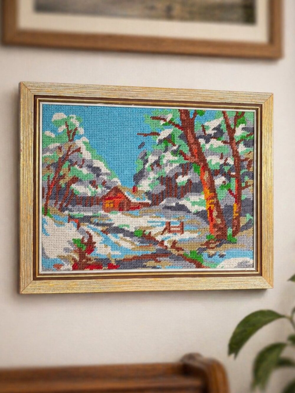 Vintage Needlepoint Winter Cabin Scene, Framed Embroidery Art, Textile Wall Art